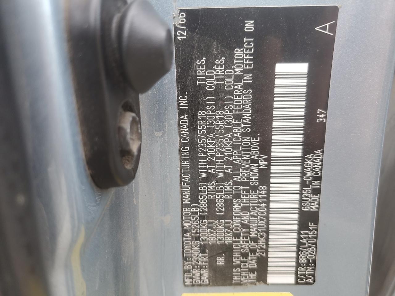 2007 Lexus Rx 350 VIN: 2T2HK31UX7C041148 Lot: 93023695