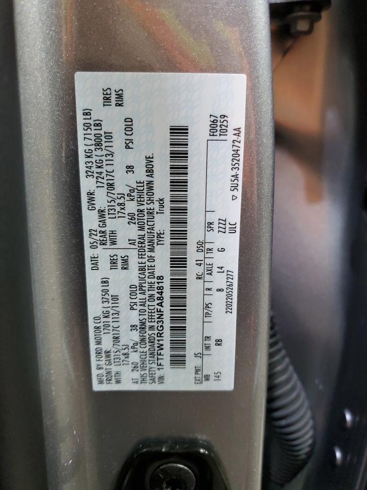 2022 Ford F150 Raptor VIN: 1FTFW1RG3NFA84818 Lot: 91866495