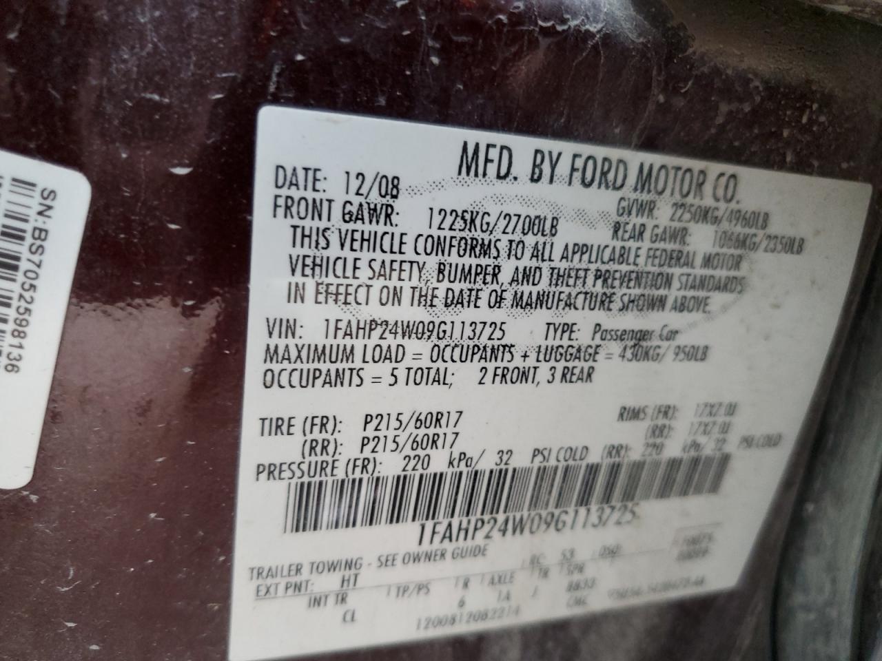 2009 Ford Taurus Sel VIN: 1FAHP24W09G113725 Lot: 91679765