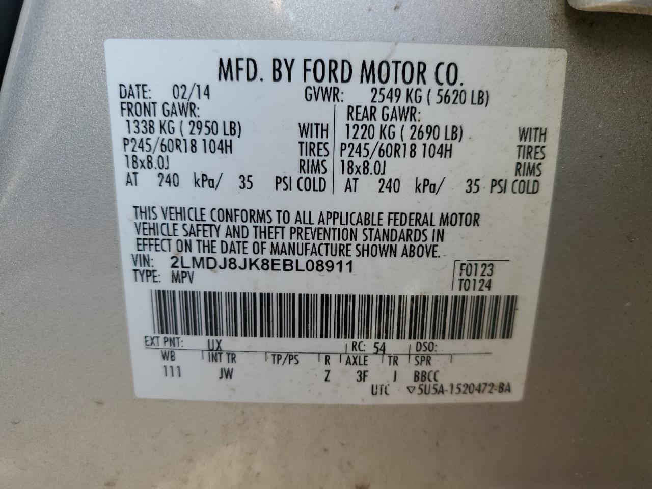 2014 Lincoln Mkx VIN: 2LMDJ8JK8EBL08911 Lot: 90847215