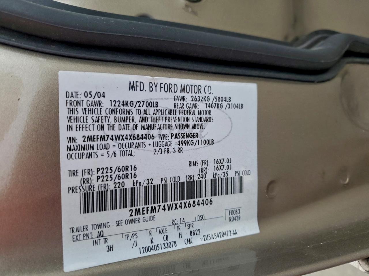 2004 Mercury Grand Marquis Gs VIN: 2MEFM74WX4X684406 Lot: 93409705