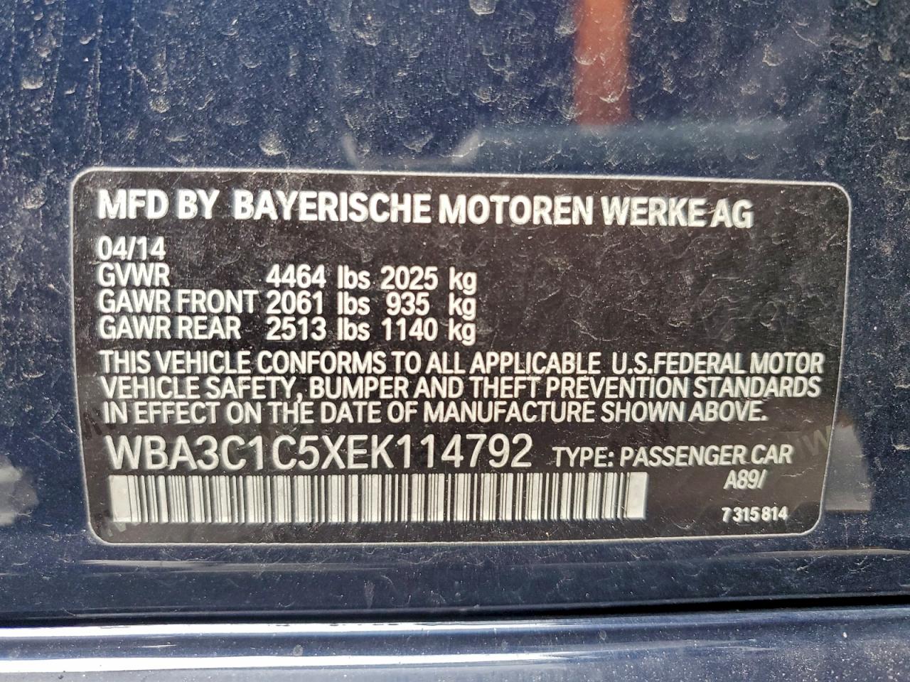 2014 BMW 328 I Sulev VIN: WBA3C1C5XEK114792 Lot: 94060775