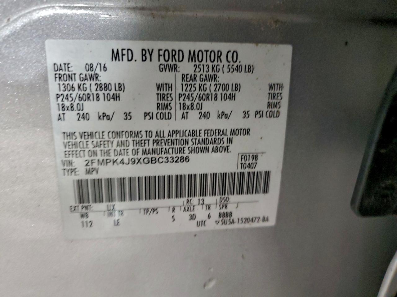 2016 Ford Edge Sel VIN: 2FMPK4J9XGBC33286 Lot: 94486115