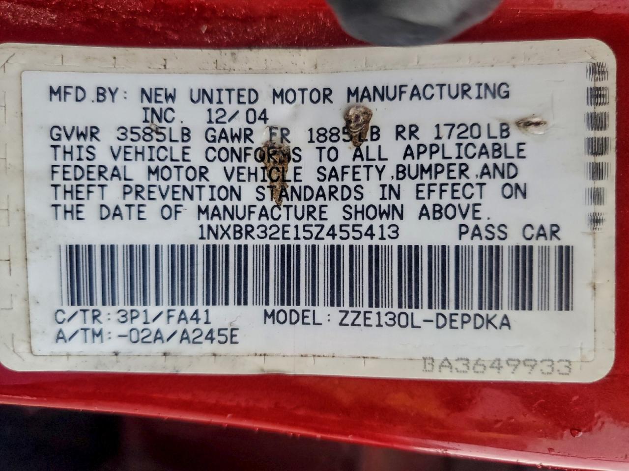 2005 Toyota Corolla Ce VIN: 1NXBR32E15Z455413 Lot: 93815005