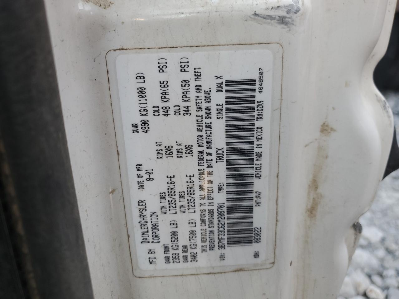 2002 Dodge Ram 3500 VIN: 3B7MF33C62M208701 Lot: 92709275