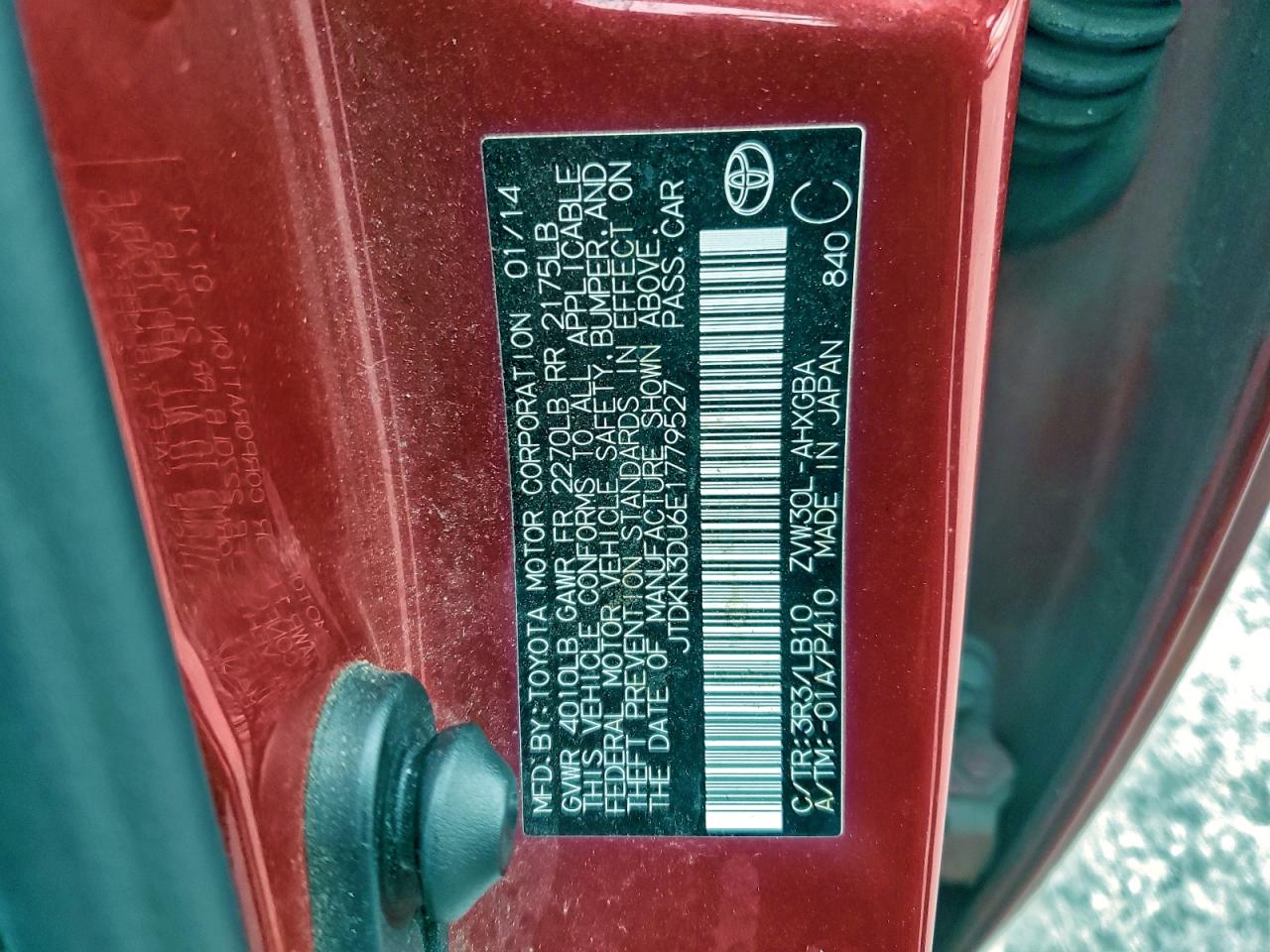 2014 Toyota Prius VIN: JTDKN3DU6E1779527 Lot: 93439835