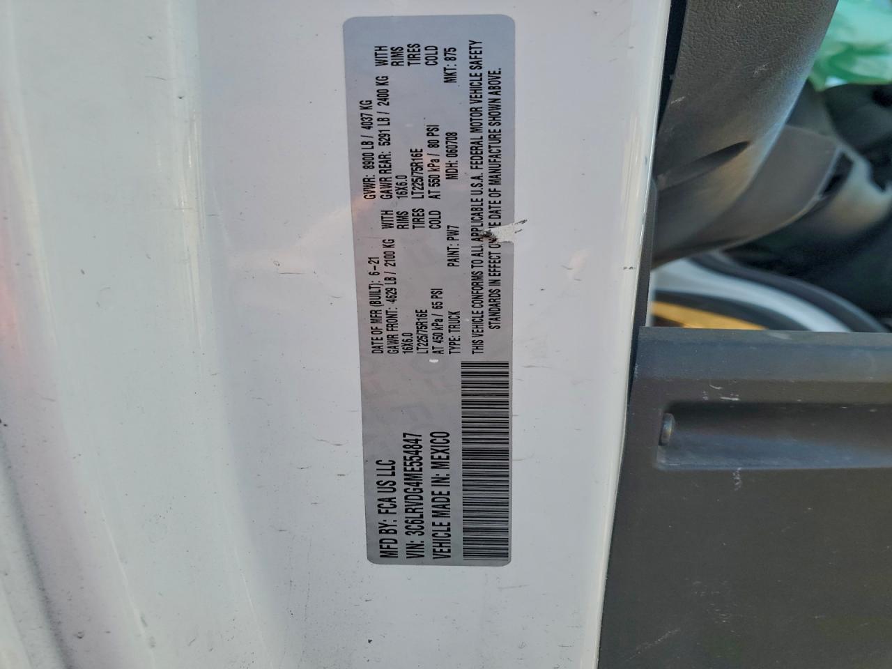 2021 Ram Promaster 2500 2500 High VIN: 3C6LRVDG4ME554847 Lot: 94552025