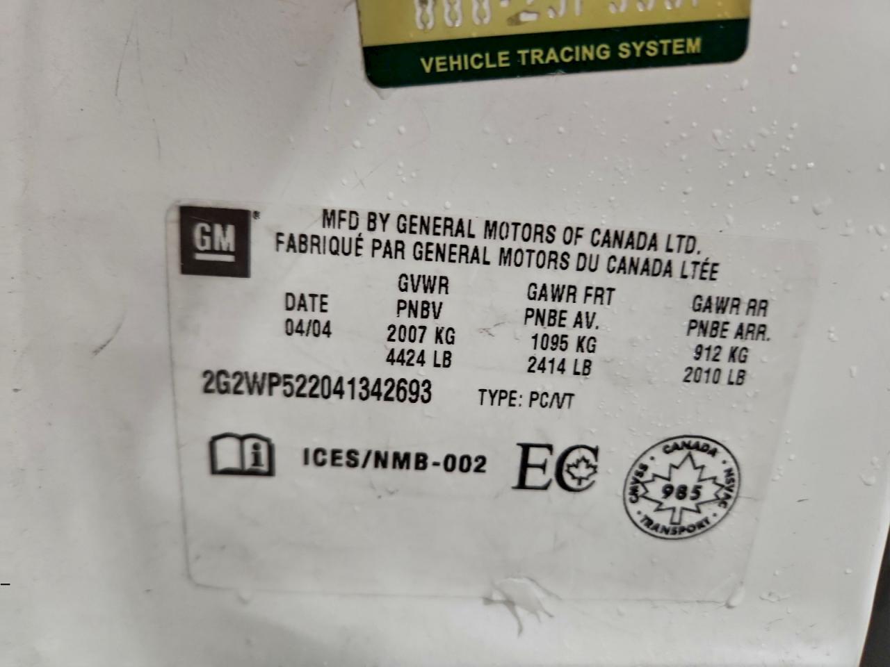 2004 Pontiac Grand Prix Gt VIN: 2G2WP522041342693 Lot: 94524795