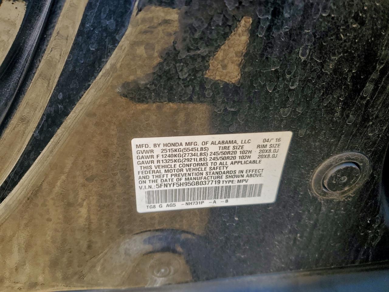 2016 Honda Pilot Touring VIN: 5FNYF5H95GB037719 Lot: 94057225