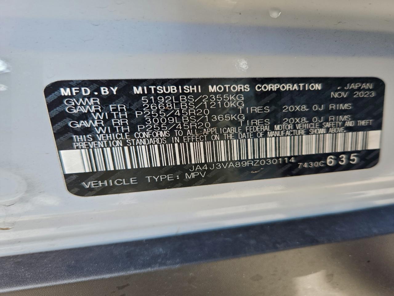 2024 Mitsubishi Outlander Se VIN: JA4J3VA89RZ030114 Lot: 93773065