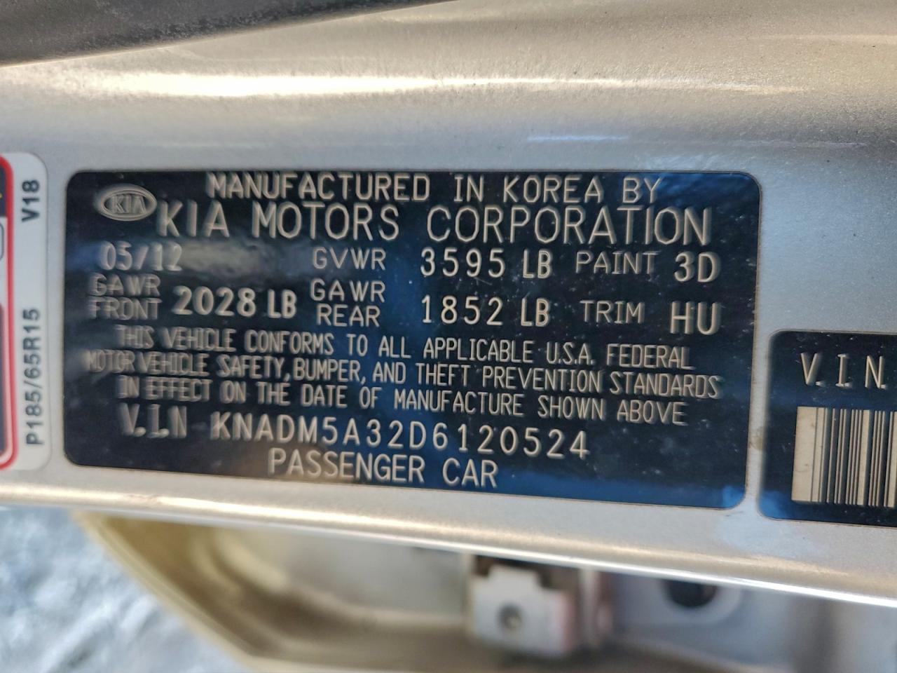 2013 Kia Rio Lx VIN: KNADM5A32D6120524 Lot: 94496275