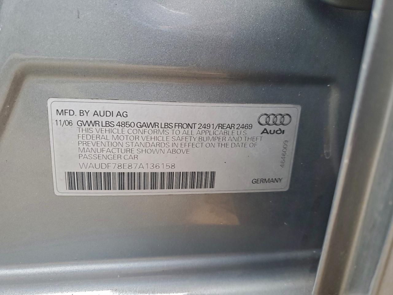 2007 Audi A4 2.0T Quattro VIN: WAUDF78E87A136158 Lot: 93925075