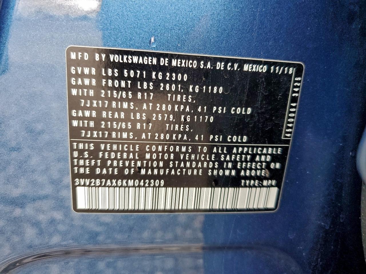 2019 Volkswagen Tiguan Se VIN: 3VV2B7AX6KM042309 Lot: 94159165