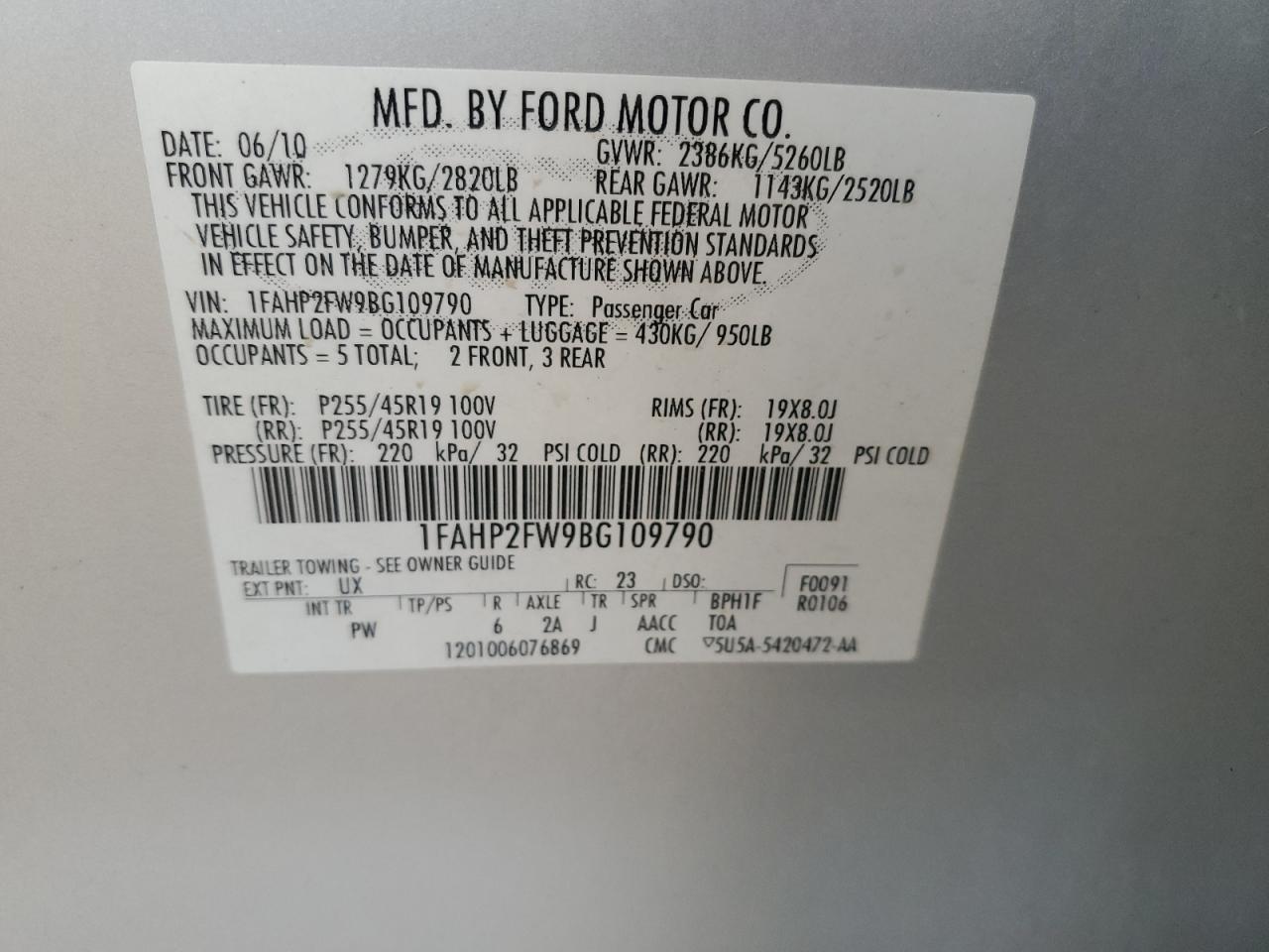 2011 Ford Taurus Limited VIN: 1FAHP2FW9BG109790 Lot: 91123515