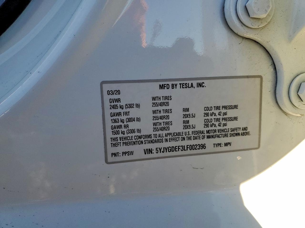 2020 Tesla Model Y VIN: 5YJYGDEF3LF002396 Lot: 92581385