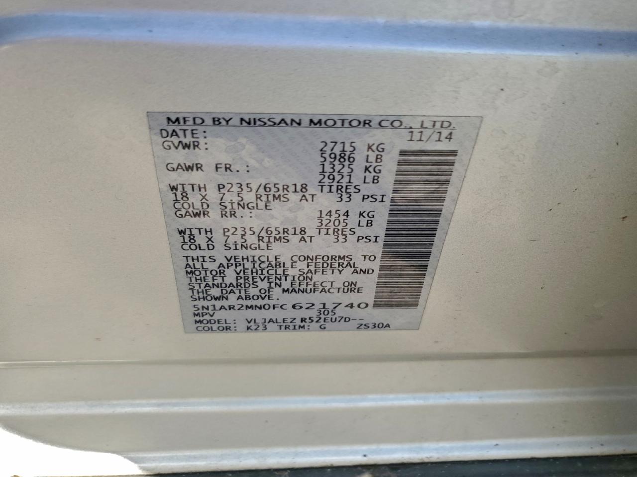 2015 Nissan Pathfinder S VIN: 5N1AR2MN0FC621740 Lot: 94438605