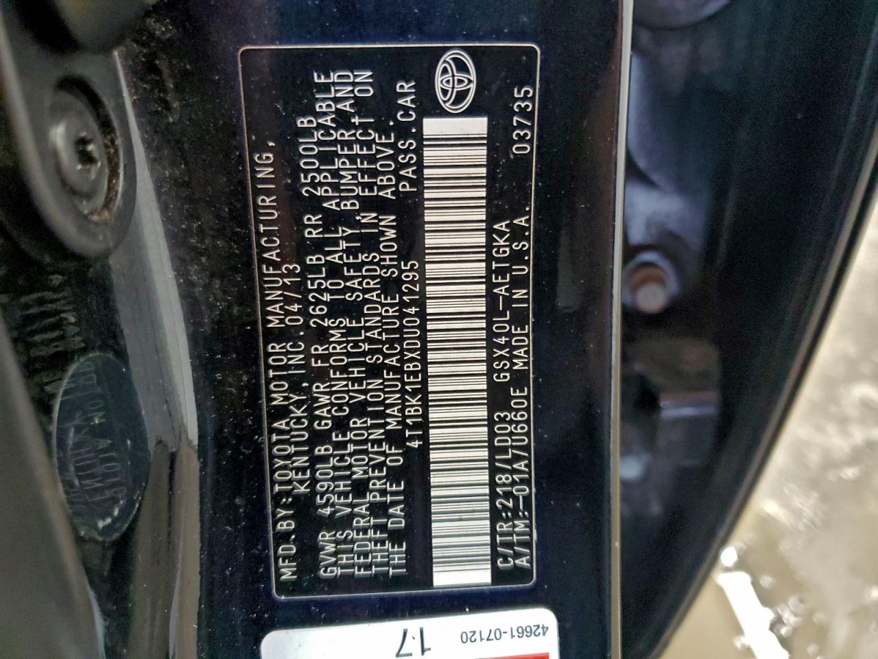 2013 Toyota Avalon Base VIN: 4T1BK1EBXDU041295 Lot: 93893565