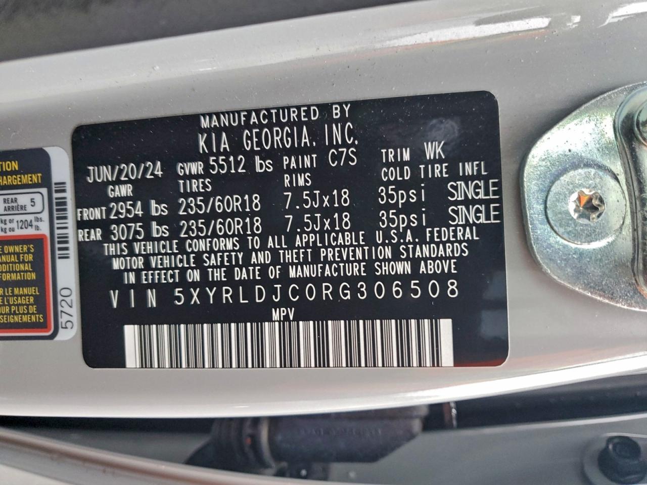 2024 Kia Sorento S VIN: 5XYRLDJC0RG306508 Lot: 94588895