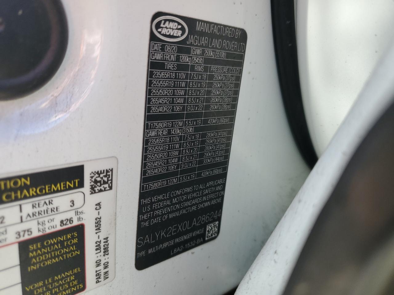 2020 Land Rover Range Rover Velar R-Dynamic S VIN: SALYK2EX0LA286244 Lot: 93652405