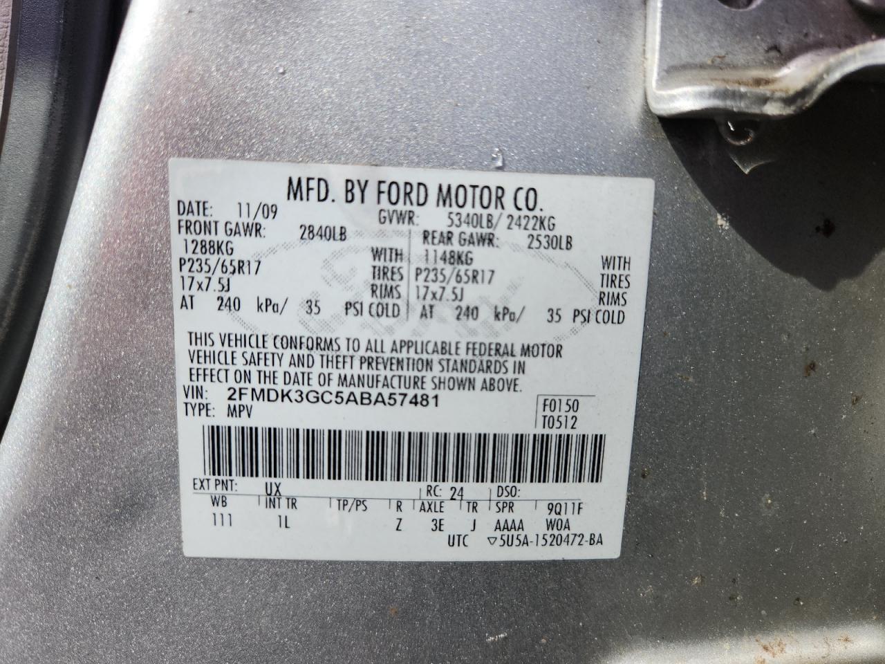 2010 Ford Edge Se VIN: 2FMDK3GC5ABA57481 Lot: 91528175