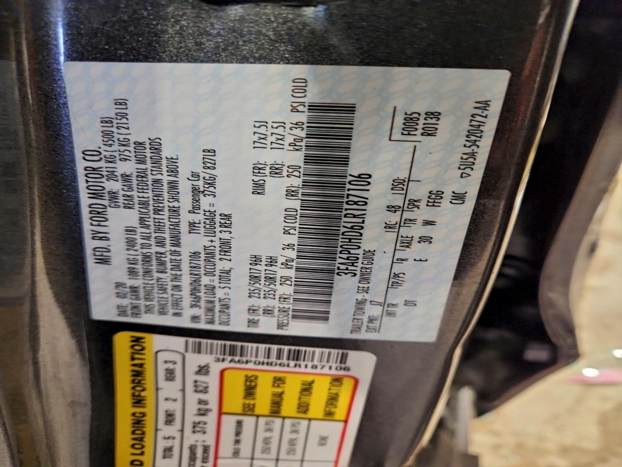 2020 Ford Fusion Se VIN: 3FA6P0HD6LR187106 Lot: 93934005