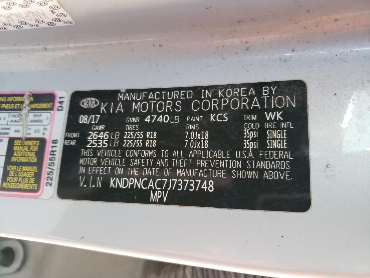 2018 Kia Sportage Ex VIN: KNDPNCAC7J7373748 Lot: 93008005