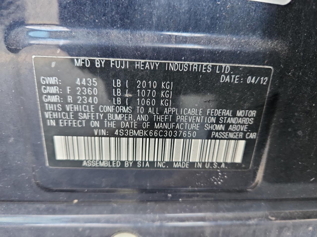 2012 Subaru Legacy 2.5I Limited VIN: 4S3BMBK66C3037650 Lot: 92850145