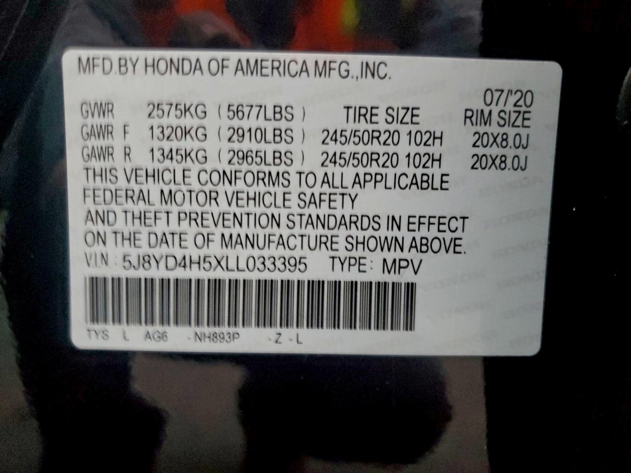 2020 Acura Mdx Technology VIN: 5J8YD4H5XLL033395 Lot: 94595605