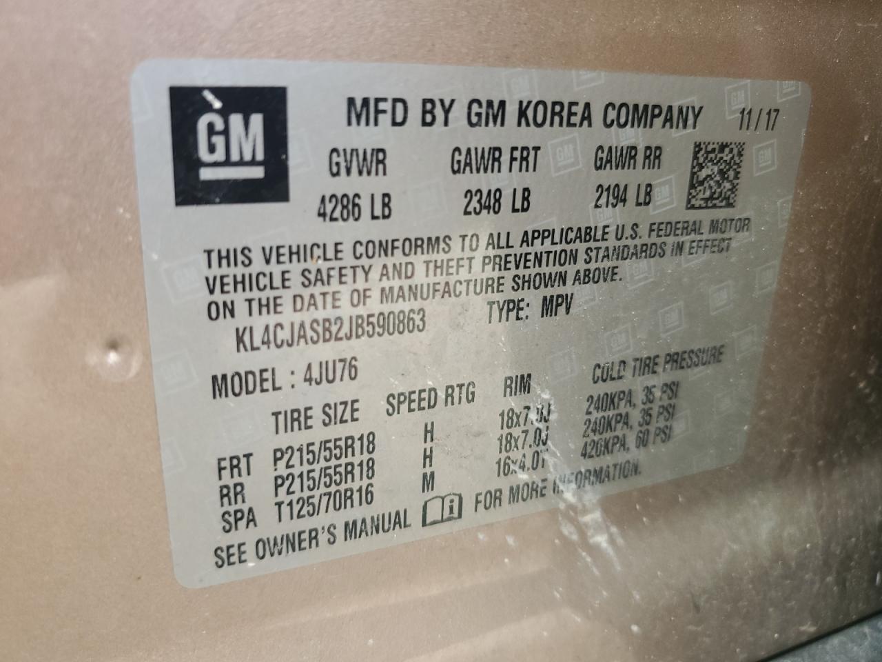 2018 Buick Encore Preferred VIN: KL4CJASB2JB590863 Lot: 93440465