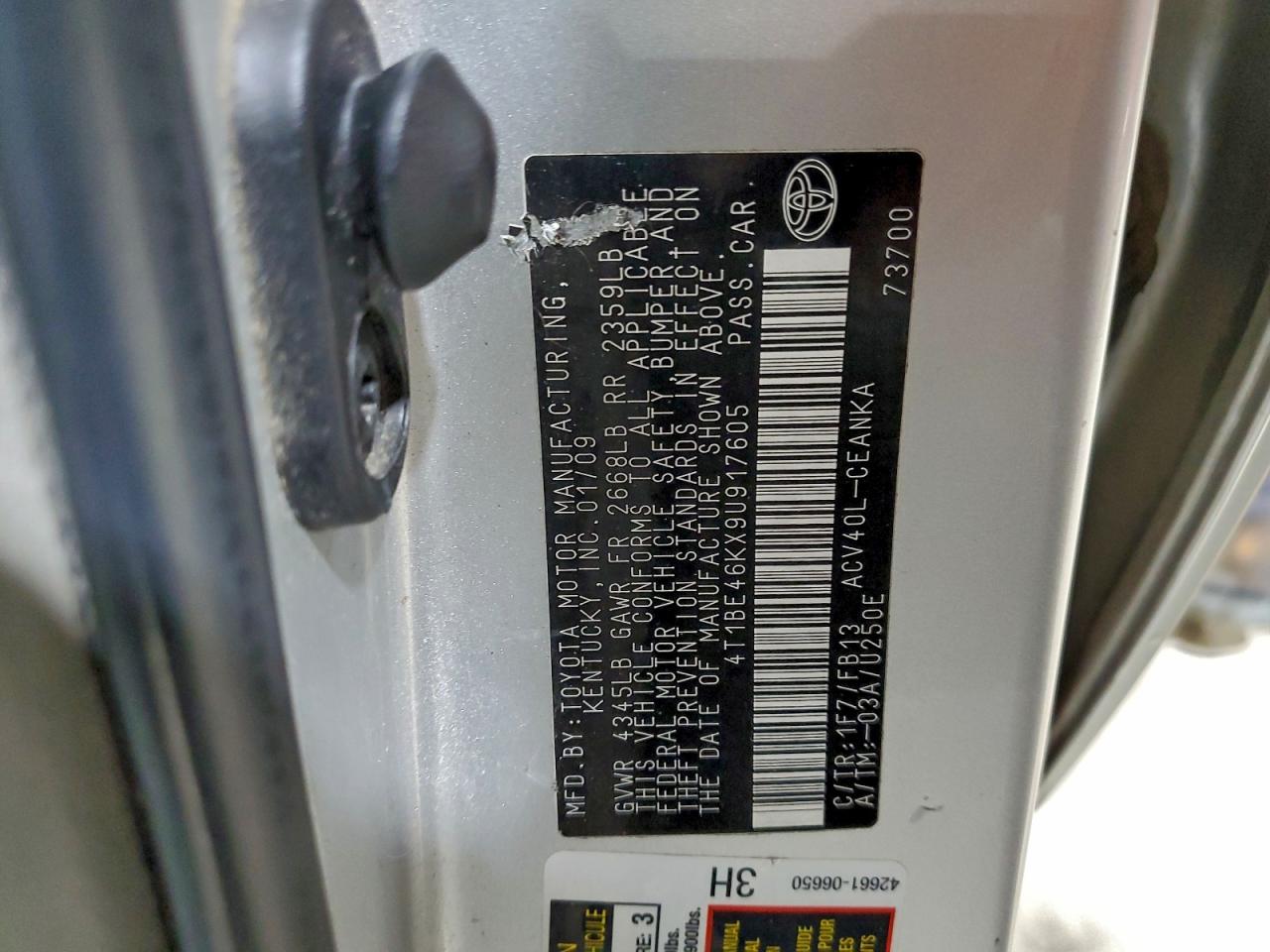 2009 Toyota Camry Base VIN: 4T1BE46KX9U917605 Lot: 87424295