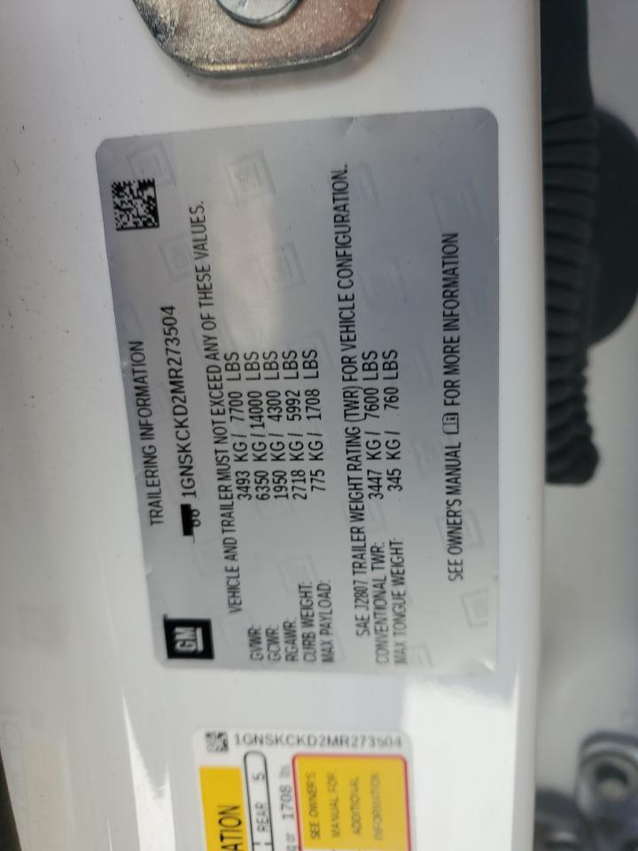 2021 Chevrolet Suburban K1500 Lt VIN: 1GNSKCKD2MR273504 Lot: 91878025