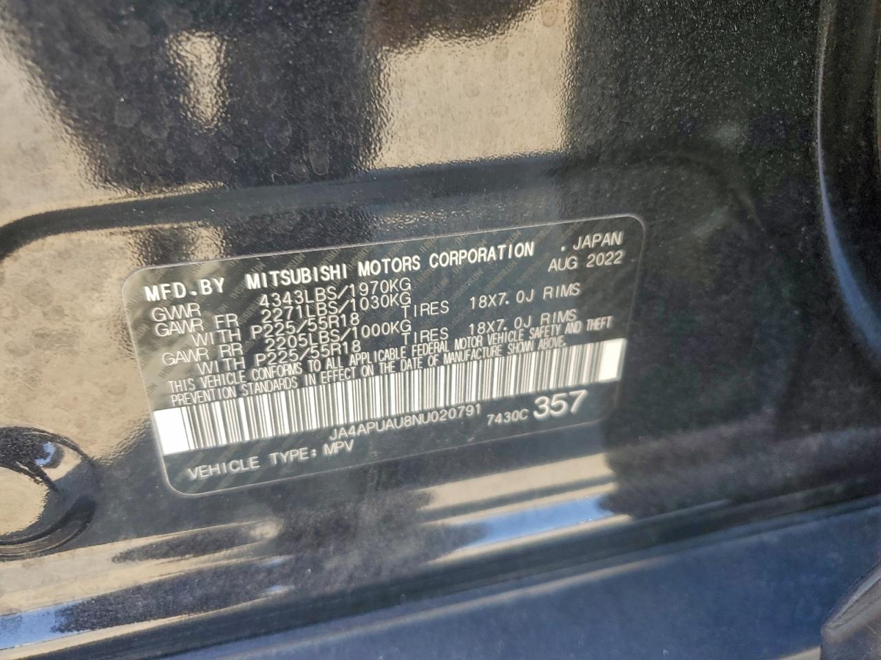 2022 Mitsubishi Outlander Sport Es VIN: JA4APUAU8NU020791 Lot: 93697105