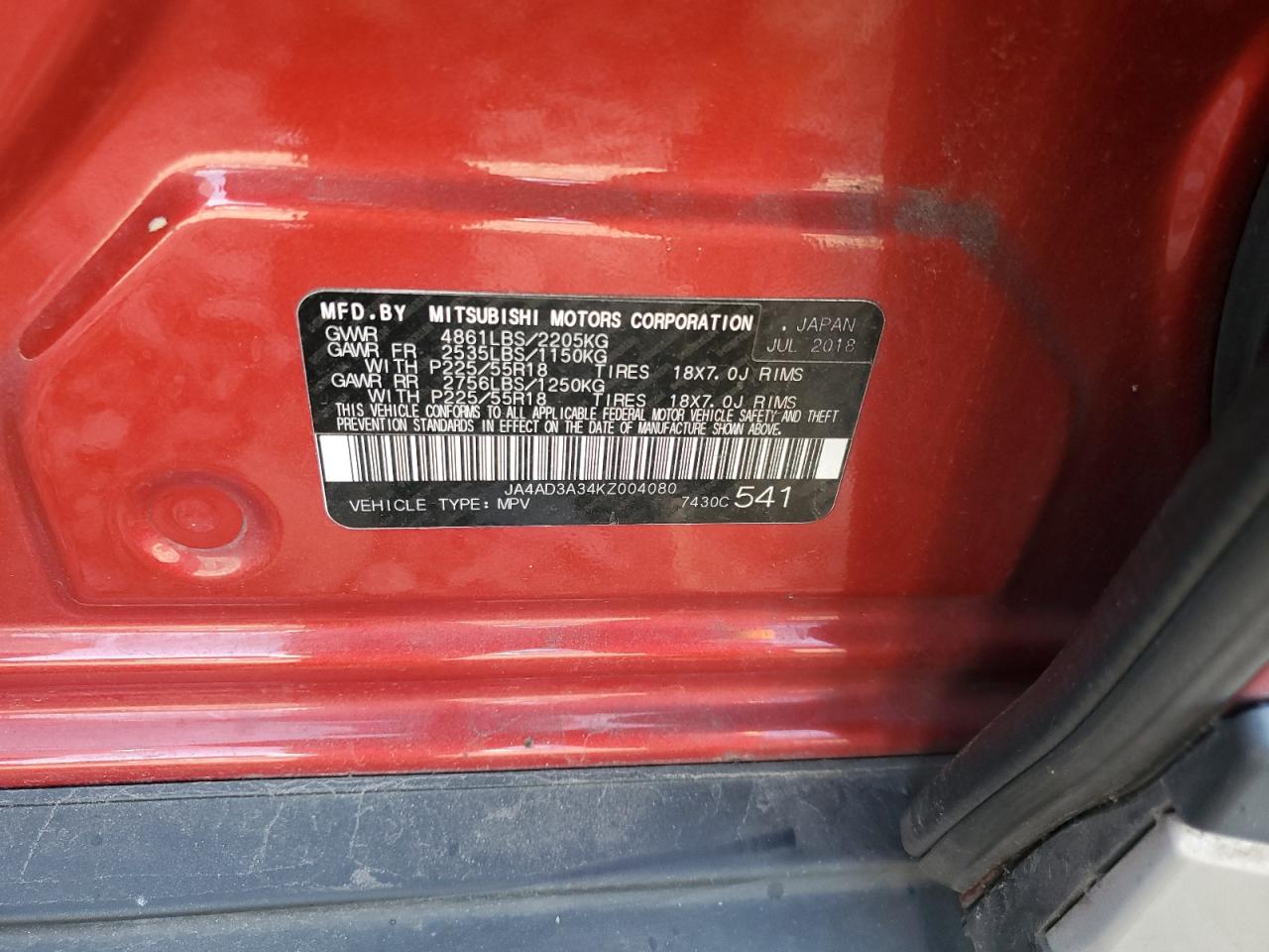 2019 Mitsubishi Outlander Se VIN: JA4AD3A34KZ004080 Lot: 91767255