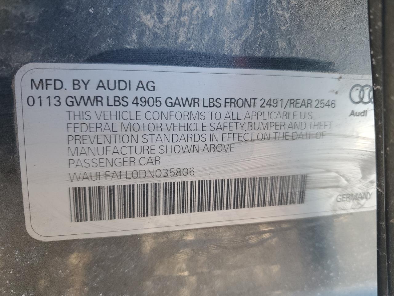 2013 Audi A4 Premium Plus VIN: WAUFFAFL0DN035806 Lot: 92668205