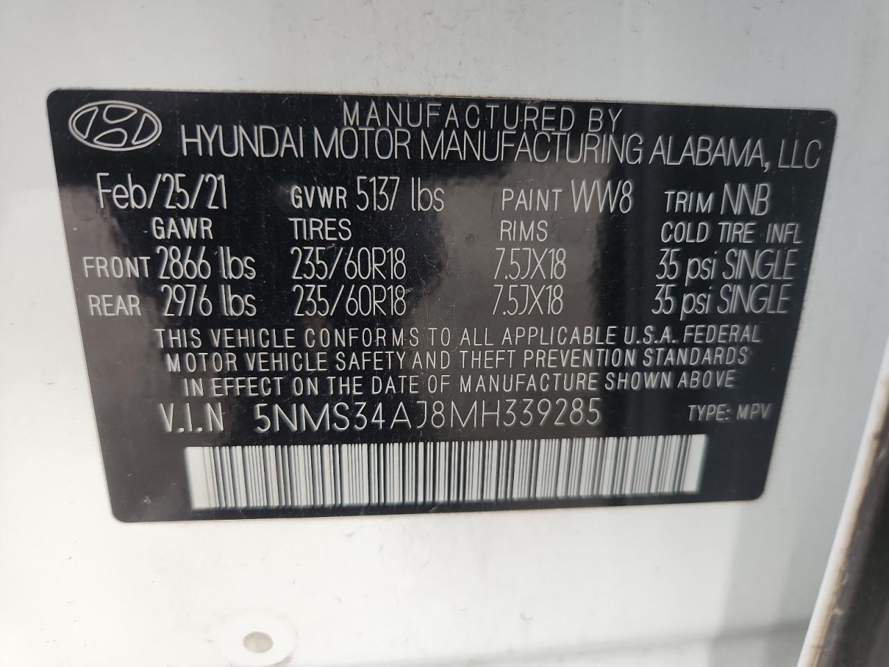 2021 Hyundai Santa Fe Sel VIN: 5NMS34AJ8MH339285 Lot: 93525175