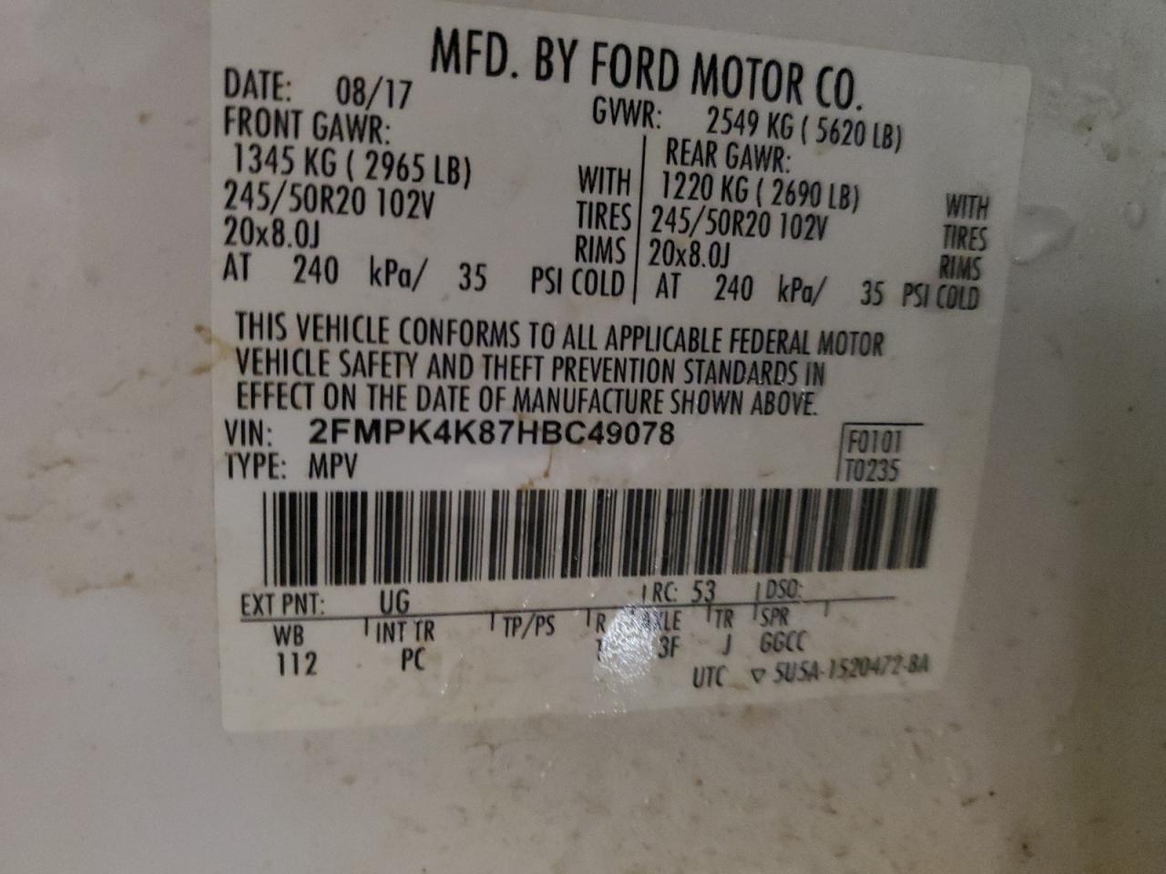 2017 Ford Edge Titanium VIN: 2FMPK4K87HBC49078 Lot: 93107425