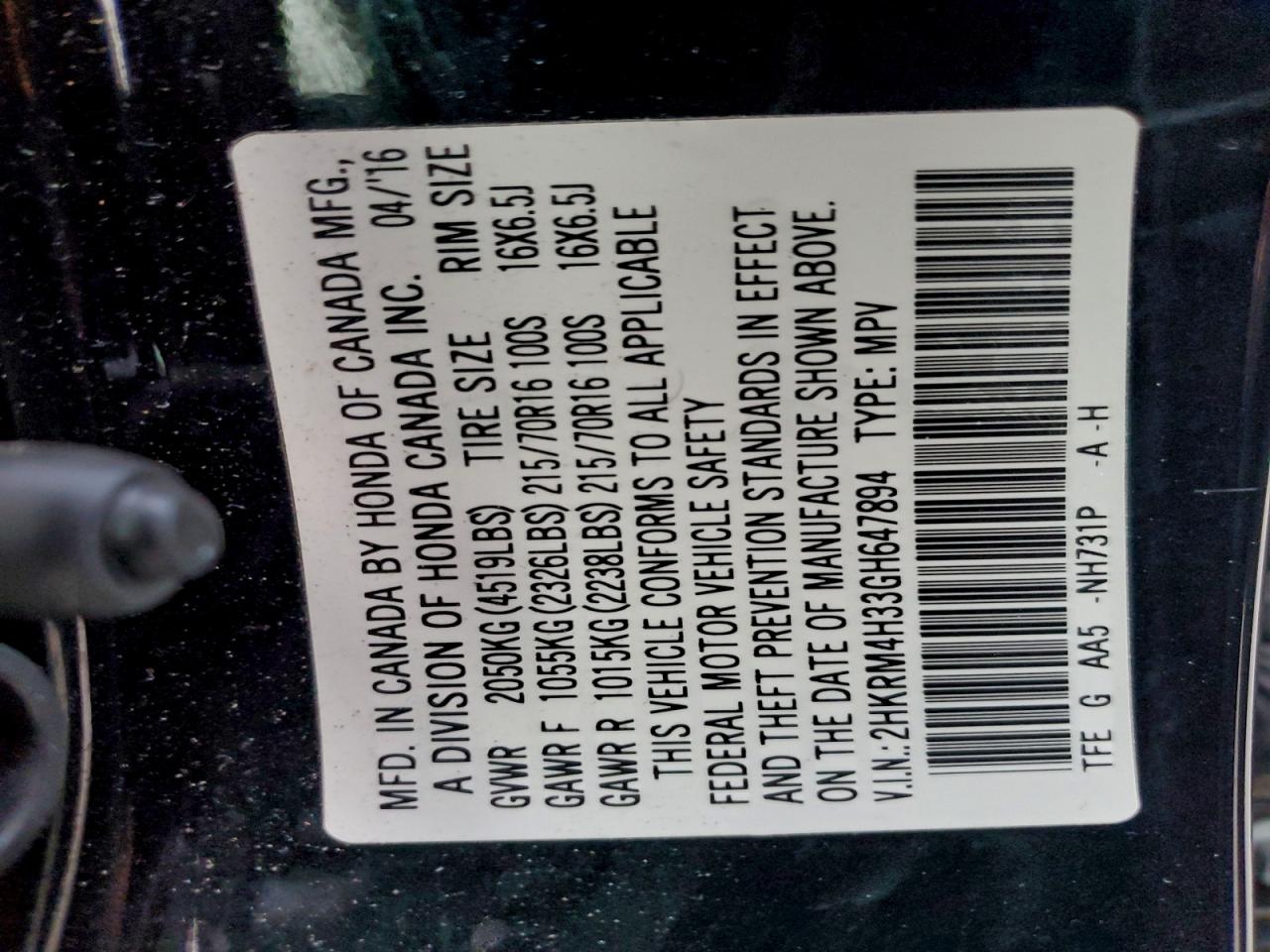 2016 Honda Cr-V Lx VIN: 2HKRM4H33GH647894 Lot: 93851955