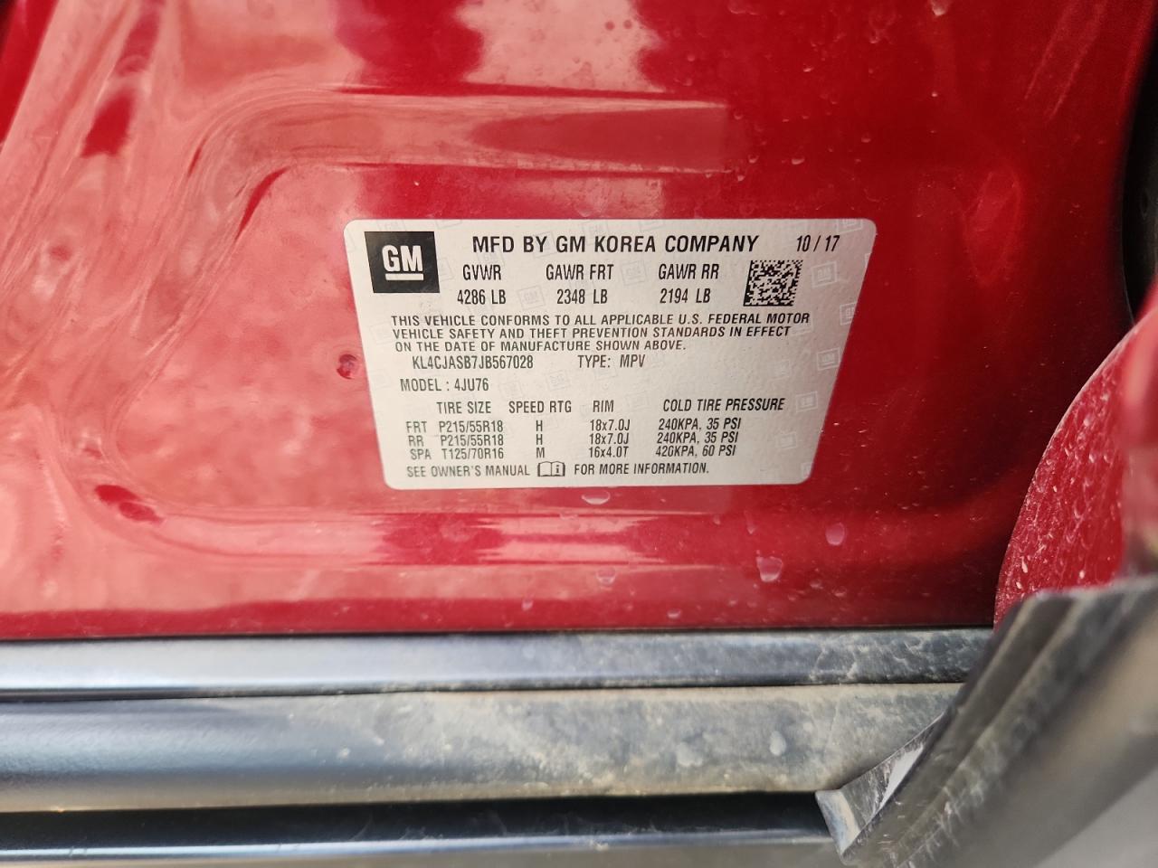 2018 Buick Encore Preferred VIN: KL4CJASB7JB567028 Lot: 92662105