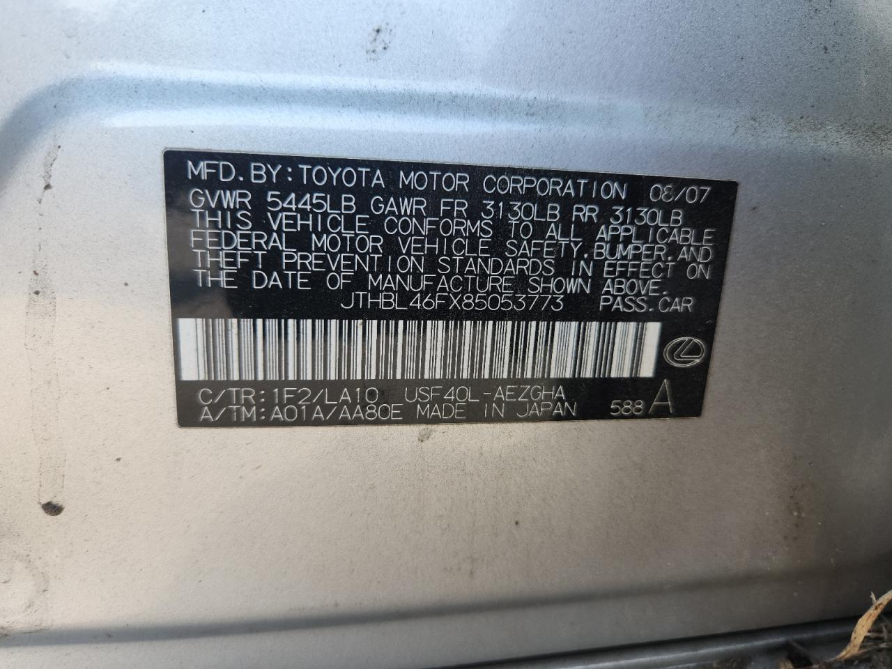 2008 Lexus Ls 460 VIN: JTHBL46FX85053773 Lot: 93182825