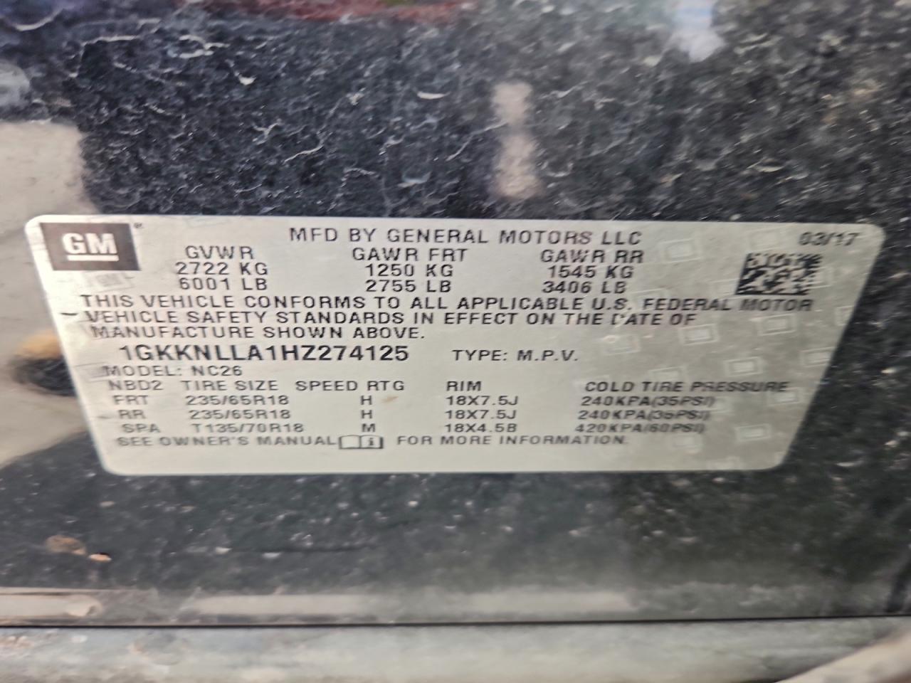 2017 GMC Acadia Sle VIN: 1GKKNLLA1HZ274125 Lot: 93385275