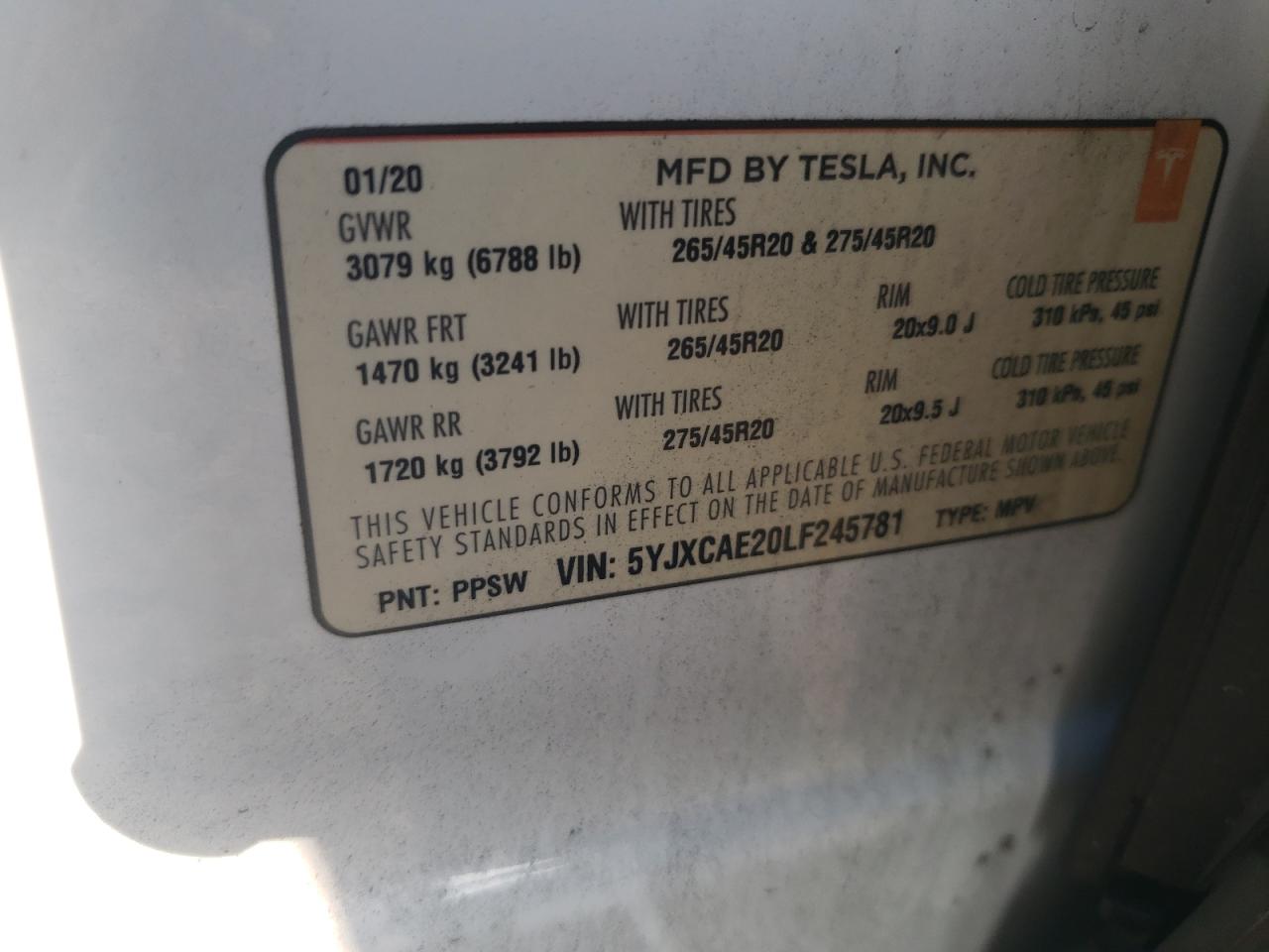 2020 Tesla Model X VIN: 5YJXCAE20LF245781 Lot: 91309845