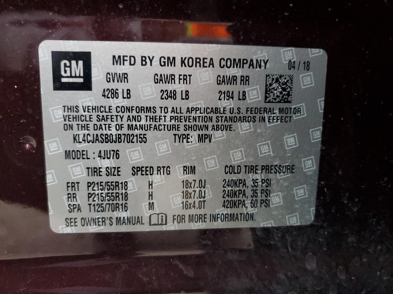 2018 Buick Encore Preferred VIN: KL4CJASB0JB702155 Lot: 93681835