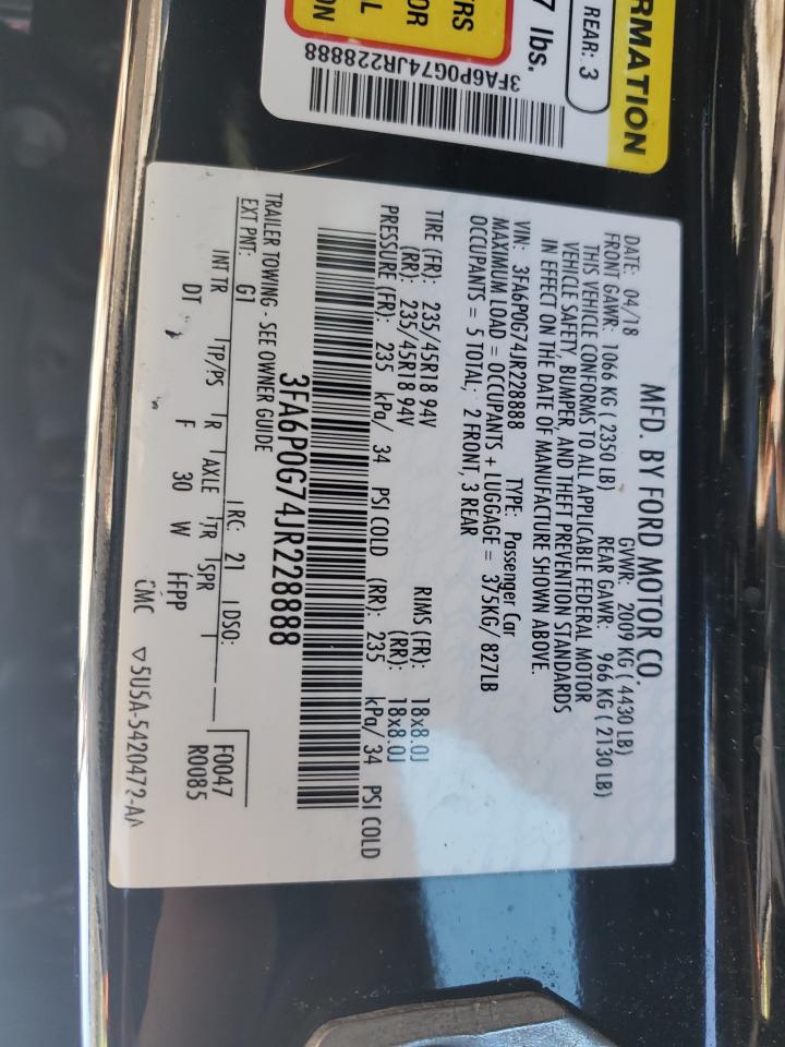 2018 Ford Fusion S VIN: 3FA6P0G74JR228888 Lot: 92082455