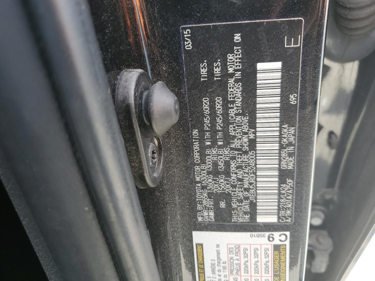 2015 Toyota 4Runner Sr5/Sr5 Premium VIN: JTEBU5JR0F5248005 Lot: 92655665