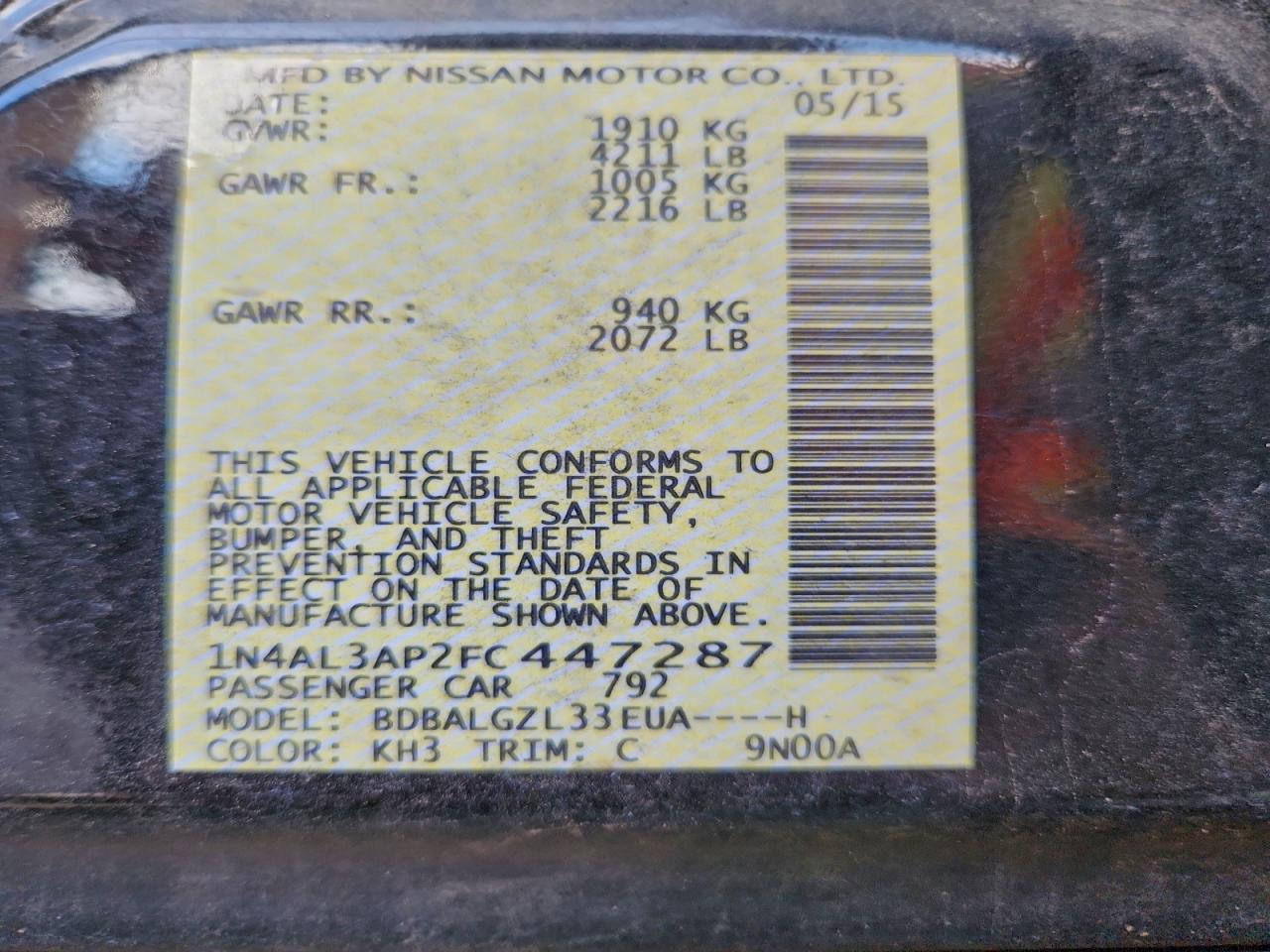 2015 Nissan Altima 2.5 VIN: 1N4AL3AP2FC447287 Lot: 93075315