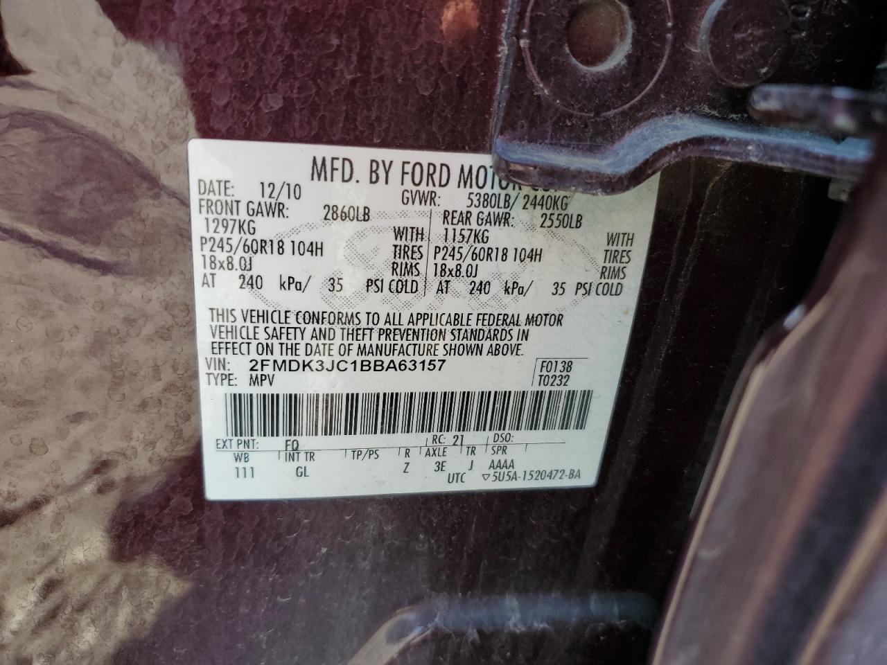 2011 Ford Edge Sel VIN: 2FMDK3JC1BBA63157 Lot: 93759705