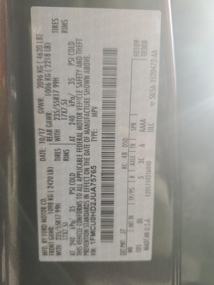 2018 Ford Escape Sel VIN: 1FMCU0HD2JUA75765 Lot: 93113945