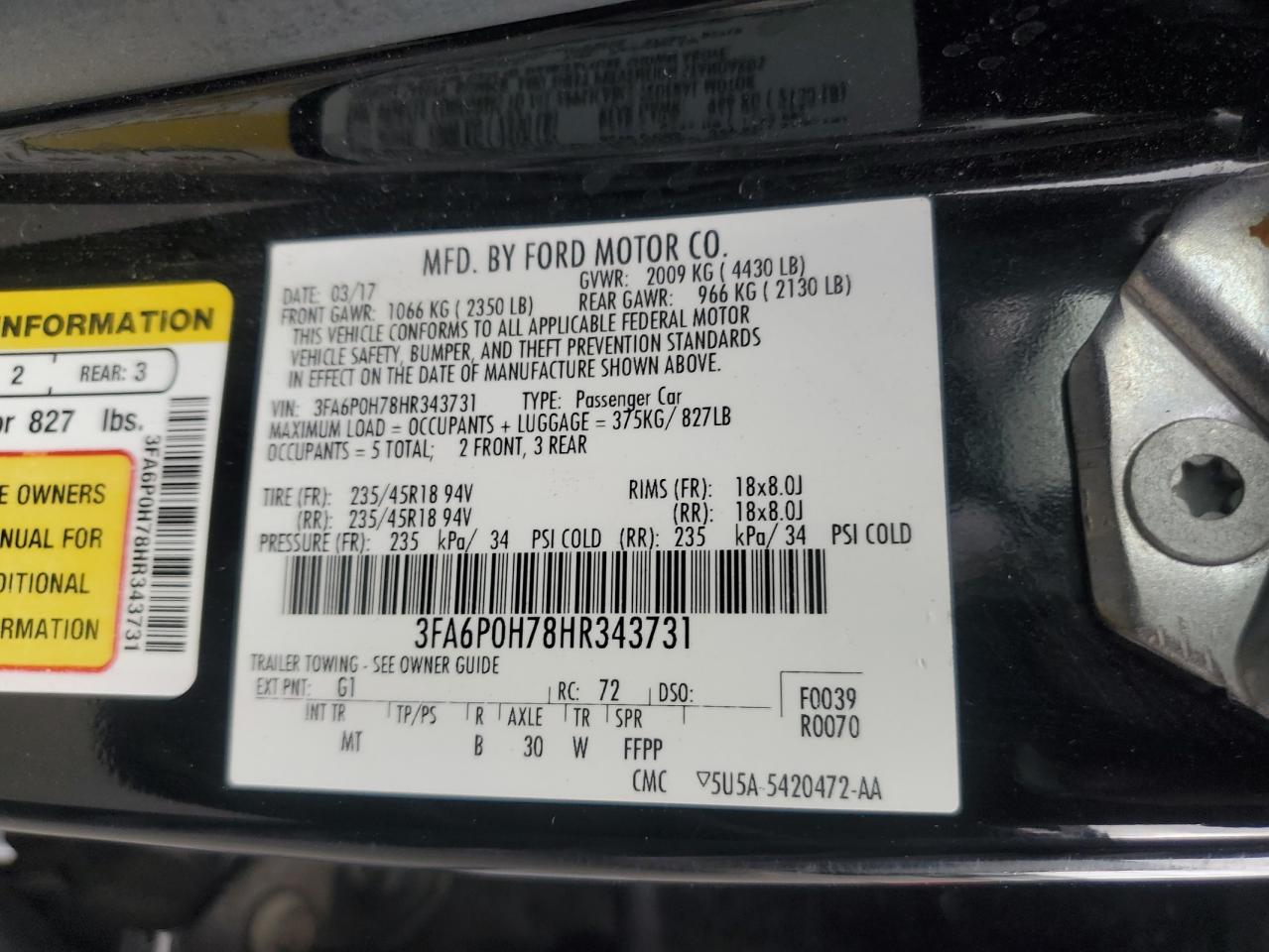 2017 Ford Fusion Se VIN: 3FA6P0H78HR343731 Lot: 91713955