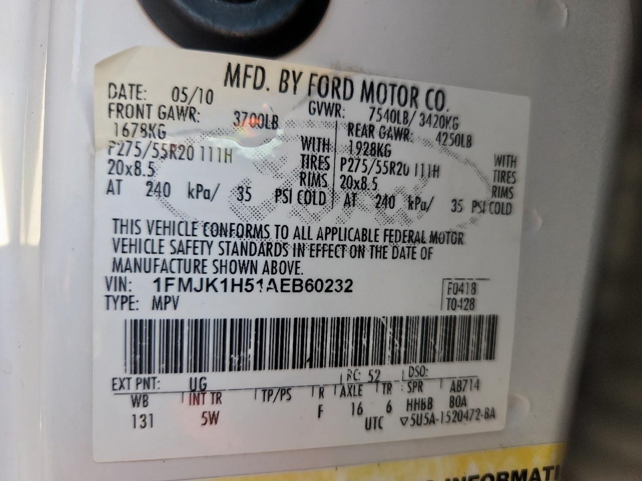 2010 Ford Expedition El Eddie Bauer VIN: 1FMJK1H51AEB60232 Lot: 91884055