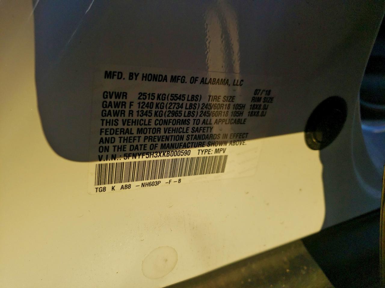 2019 Honda Pilot Ex VIN: 5FNYF5H3XKB000590 Lot: 94052585